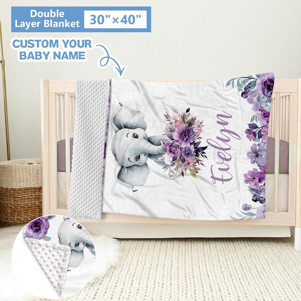 KAINSY Personalized Baby Crib Bedding Set, 5 Pcs Custom Baby Bedding Set with Name, Double Layer Baby Elephant Crib Set for Girls, Soft Flannel Nursery Bedding Set, Toddlers Infants New Parents Gift