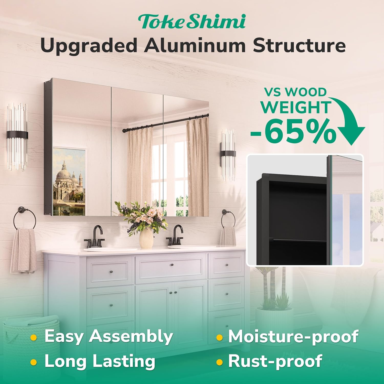 TokeShimi 14x24 Bathroom Mirror with Storage Tempered, Aluminum Black Recessed Medicine Cabinet with Mirror Frameless Stepless Adjustable Shelf, Surface Mount Medicine Cabinet for Bathroom