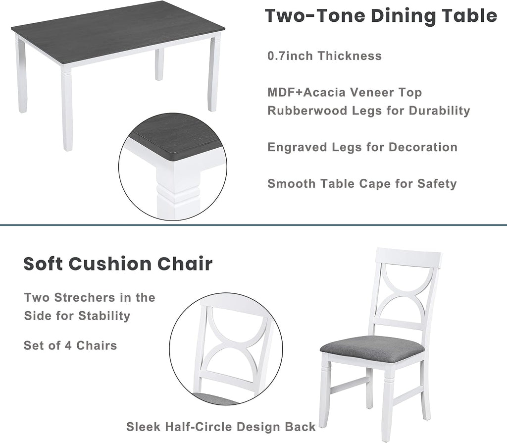 Farmhouse 6-Piece Dining Table Set, Wood Kitchen Dining Room Table Set with Upholstered Bench and 4 Dining Chairs, 60'' Rectangle Dining Table with Decoration Legs, Perfect for Family (White-K)