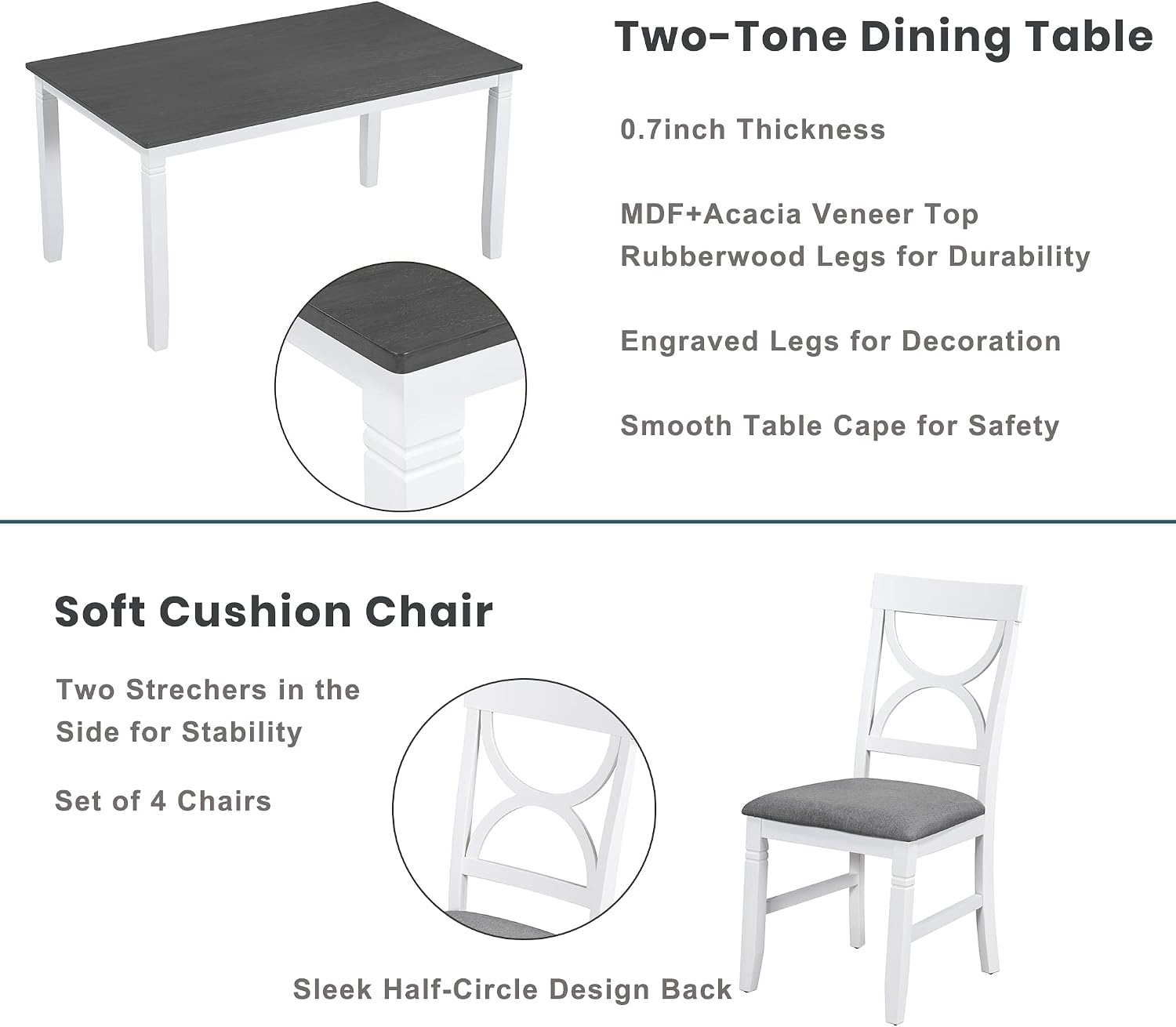Farmhouse 6-Piece Dining Table Set, Wood Kitchen Dining Room Table Set with Upholstered Bench and 4 Dining Chairs, 60'' Rectangle Dining Table with Decoration Legs, Perfect for Family (White-K)