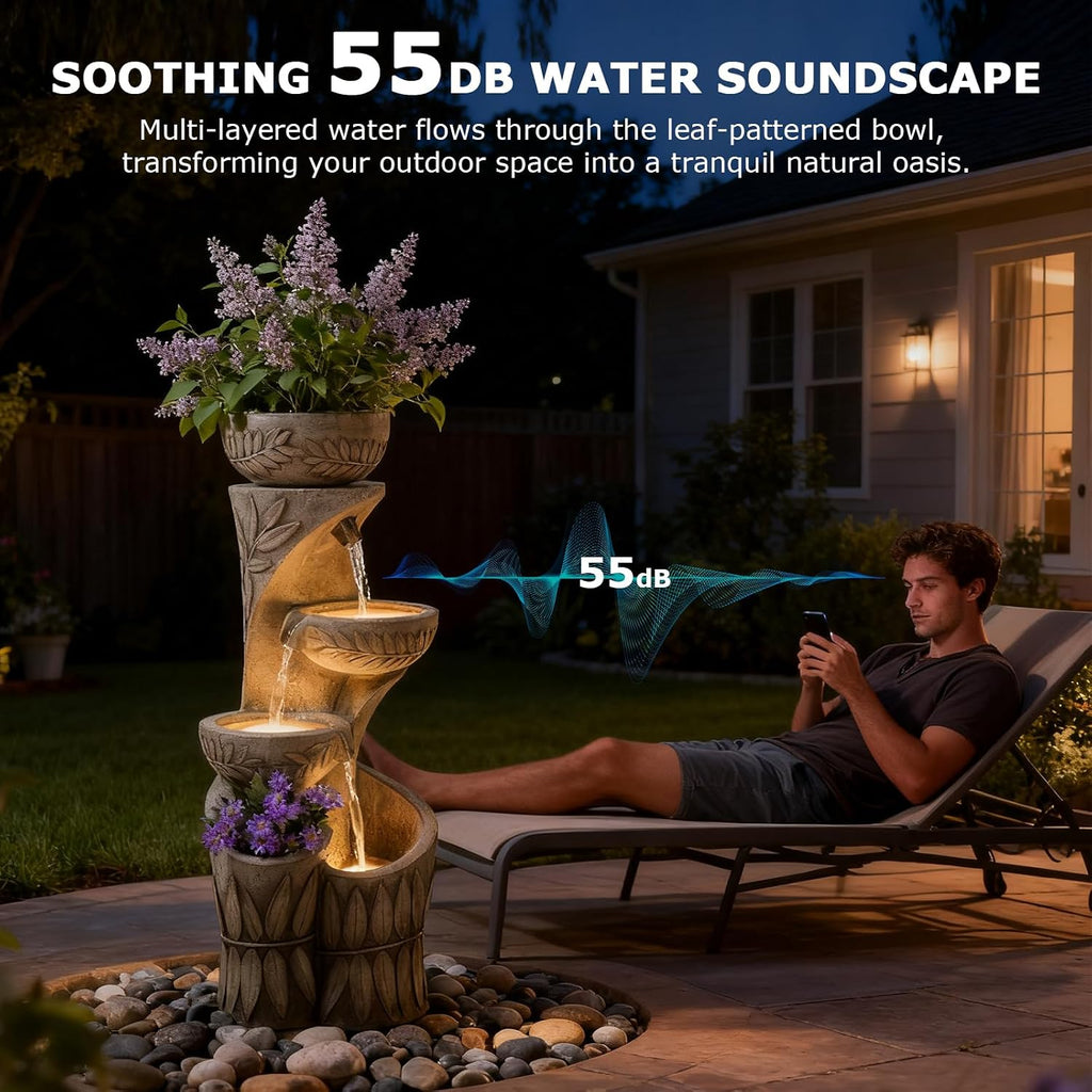 4 Tiered Water Fountain Outdoor, 35.6' Tall Cascading Bowl Leaf Carved Outdoor Waterfall Fountains Modern Water Feature with Dual Planters for Garden, Patio,Deck, Yard, Indoor Decor