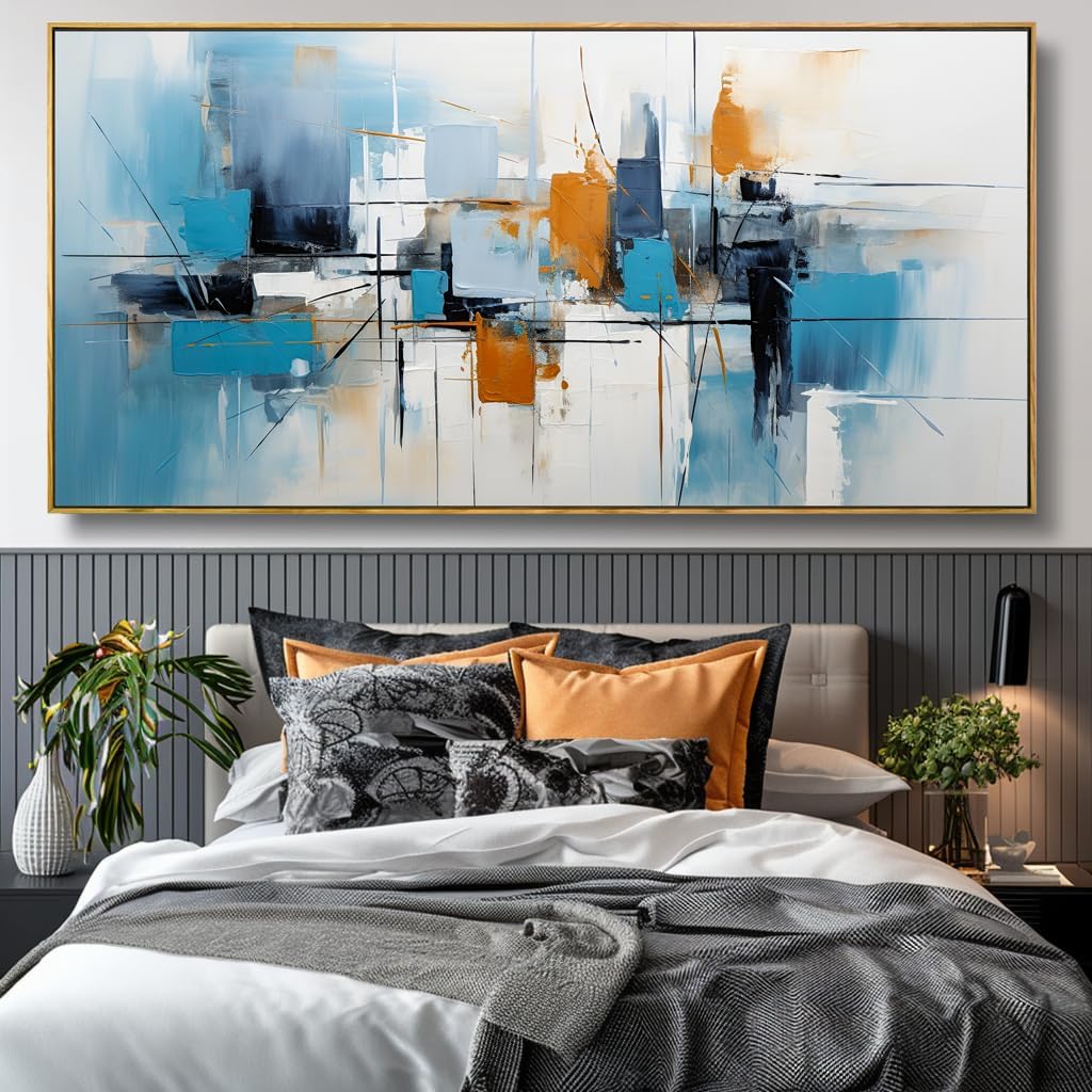 Wall Art Abstract Wall Decor Blue Orange Colorful Canvas Painting Modern Artwork for Living Room Bedroom Dining Room Home Office Decor 24'x48' with Framed