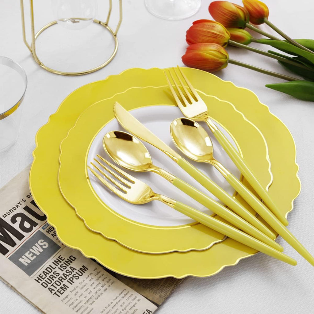 WDF 150pieces Yellow Disposable Dinnerware Hign-end Baroque Design - Sturdy&Durable Baroque Yellow Sunshine&Gold Plastic Dinnerware for Upscale Wedding & Thanksgiving Parties (Pack of 2)