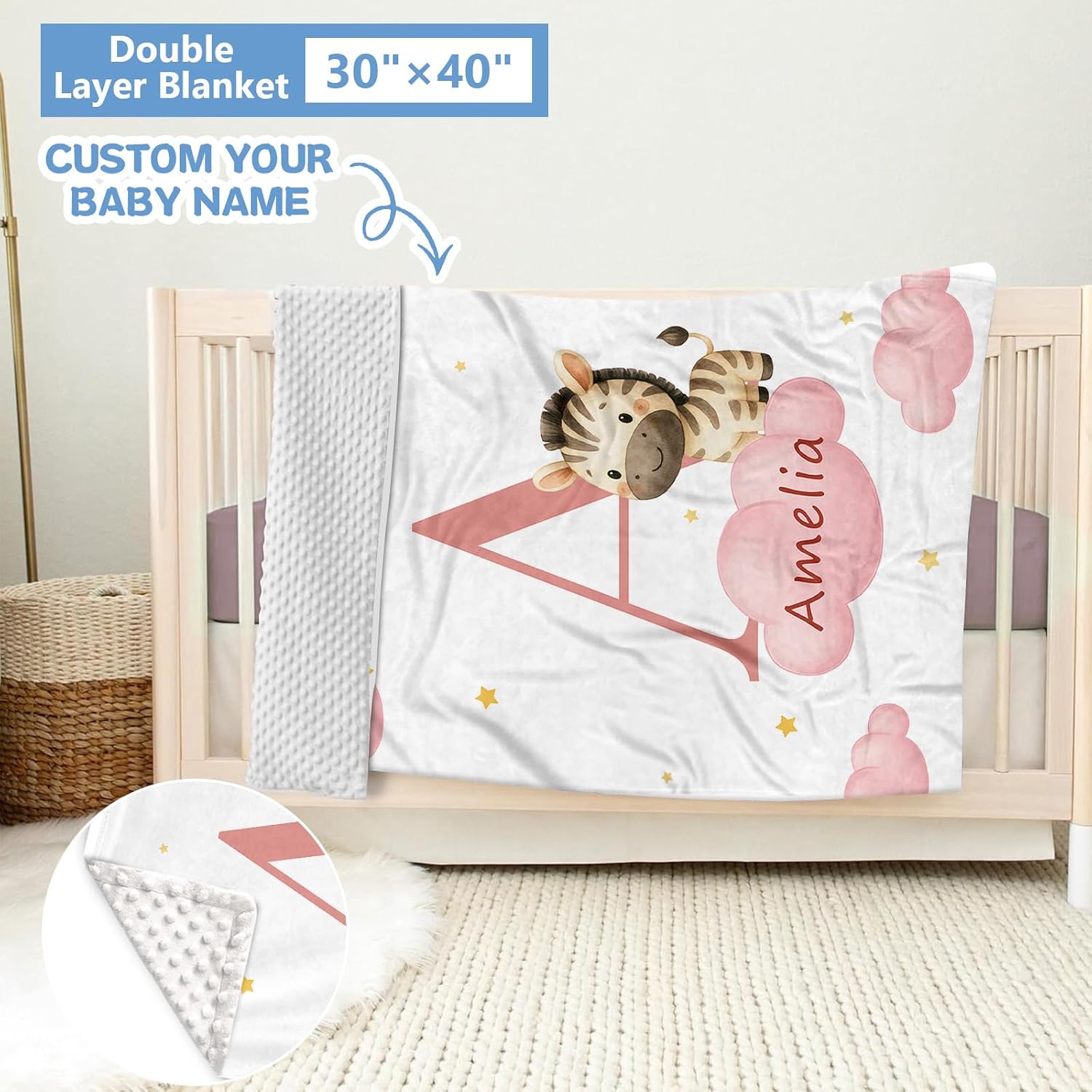 KAINSY Custom Crib Bedding Set, 5 Pcs Personalized Name Monogram Baby Crib Sets for Infants Toddlers, Pink Zebra Nursery Bedding Set for Boys Girls, Double Layer Baby Bedding Sets Customized Gifts