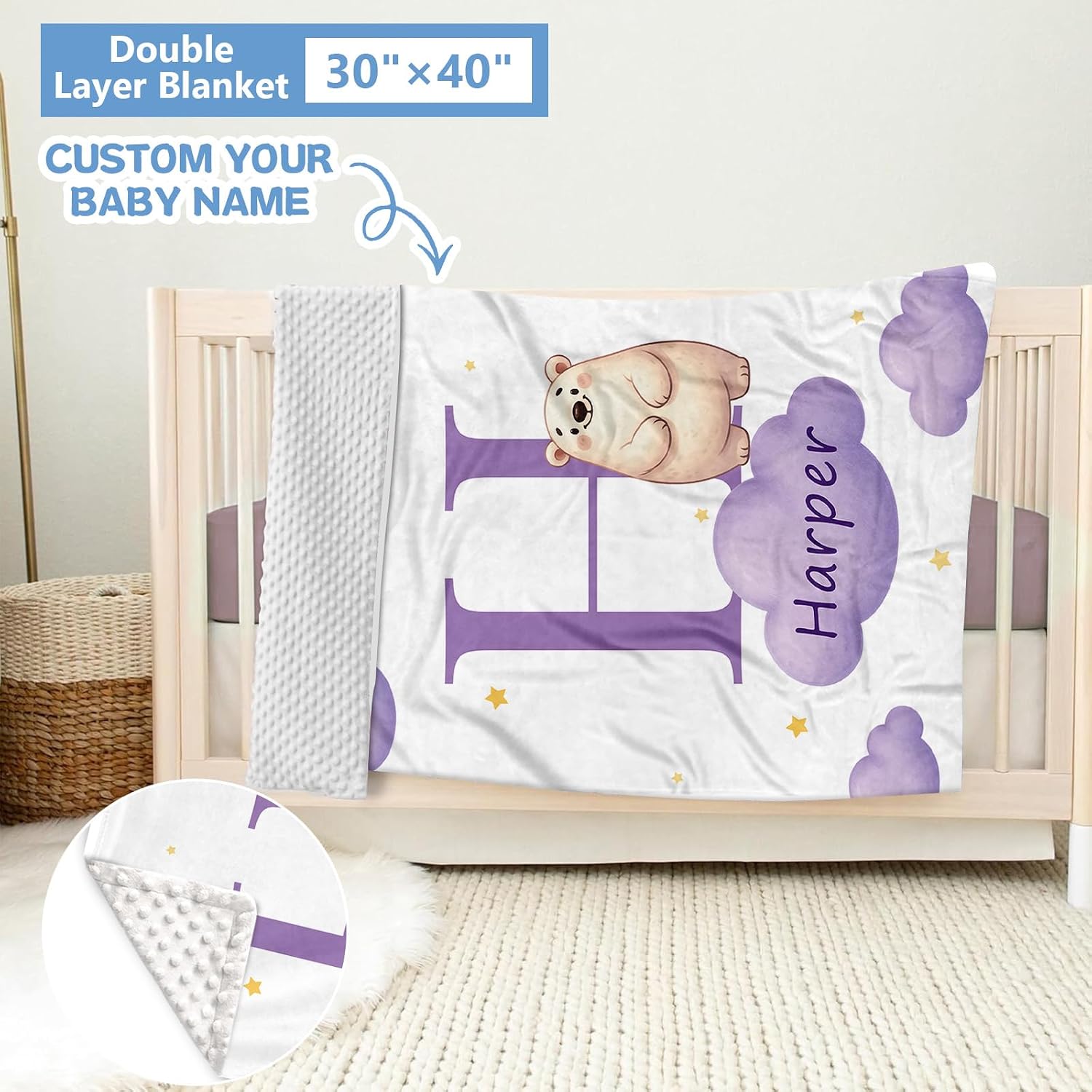 KAINSY Custom Crib Bedding Set, 5 Pcs Personalized Name Monogram Baby Crib Sets for Infants Toddlers, Purple Bear Nursery Bedding Set for Boys Girls, Soft Flannel Baby Bedding Sets Customized Gifts