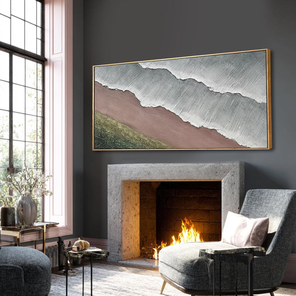 SHEYOYE Grey Blue and Taupe Abstract Mountain Canvas Wall Art with Olive Green Hills, 32x71 Large Textured Landscape Decor in Wooden Frame for Living Room Bedroom Entryway