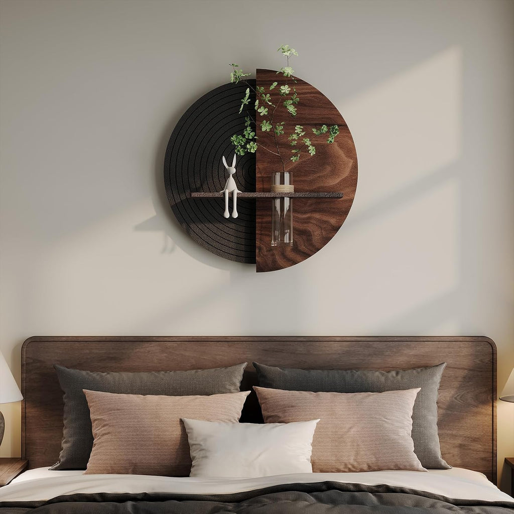 3D Textured Round Abstract Wall Art Decor With Shelf, Modern Minimalist Geometric Black Brown Artwork for Walls, Circle Sandstone Texture Wall Decor for Living Room, Hallway, Kitchen, Bedroom, Office