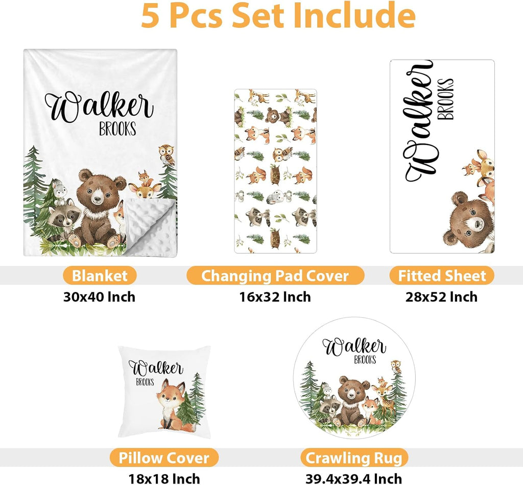 Custom Baby Crib Bedding Set - 5 Piece Nursery Crib Set Woodland Animals Design - Personalized Name Blanket with Dotted Backing, Crib Sheet, Changing Pad Cover, Pillow Cover, Rug for Newborns Color01