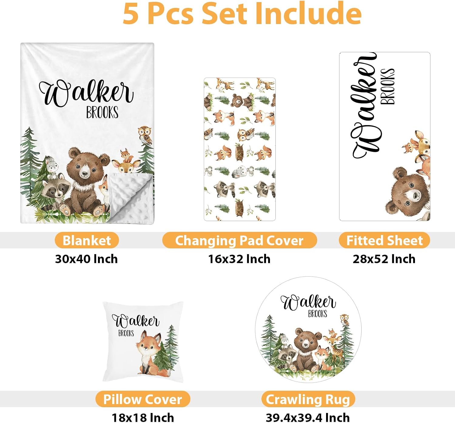 Custom Baby Crib Bedding Set - 5 Piece Nursery Crib Set Woodland Animals Design - Personalized Name Blanket with Dotted Backing, Crib Sheet, Changing Pad Cover, Pillow Cover, Rug for Newborns Color01