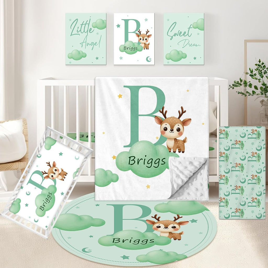 KAINSY Custom Crib Bedding Set, 5 Pcs Personalized Name Monogram Baby Crib Sets for Infants Toddlers, Green Deer Nursery Bedding Set for Boys Girls, Double Layer Baby Bedding Sets Customized Gifts