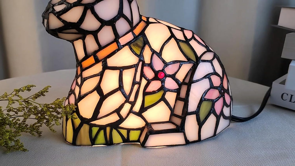 A0012 Tiffany Style Lovely Ratbbit Table Lamp Handmade Stained Glass Animal Night Light, Bunny Accent Table Lamp for Livingroom Bedroom Home Decoration