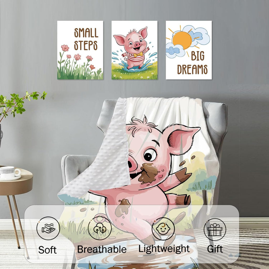 Personalized Crib Bedding Set for Baby Boys Girls, Piglet Pattern Custom Name Baby Crib Sets 5-Pcs, Double Layer Baby Blanket Fitted Sheet Changing Pad Cover Rug Wall Art Set