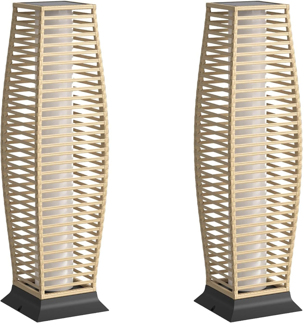 Rattan Outdoor Floor Lamp Set of 2, Boho Solar Porch Lights Outdoor Waterproof for Patio, Garden, Balcony & Deck, Natural (Horizontal)