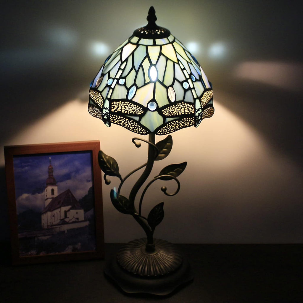 Small Tiffany Lamp Stained Glass Table Lamp Metal Leaf Accent Desk Memory Lamp Sympathy 8X20 Inch (Sea Blue Dragonfly Style)