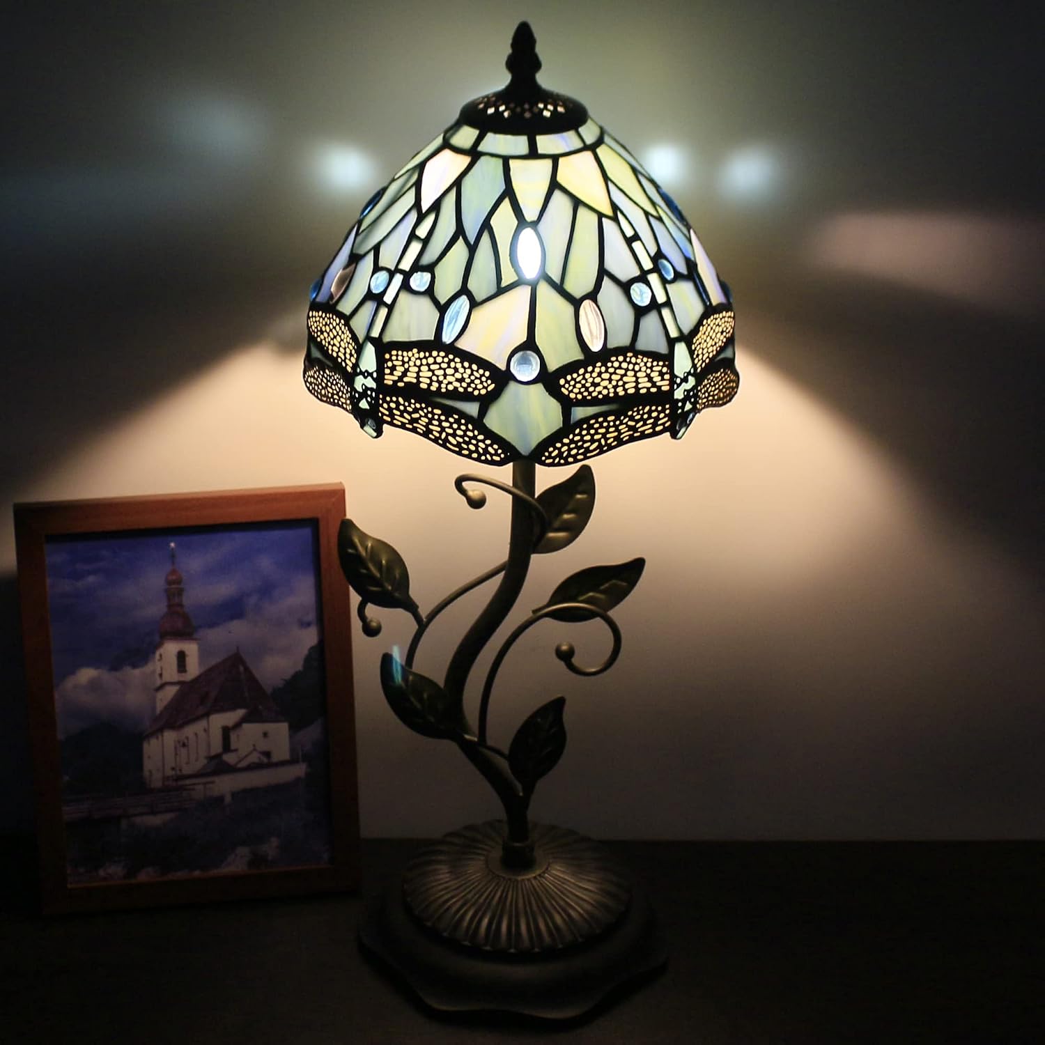 Small Tiffany Lamp Stained Glass Table Lamp Metal Leaf Accent Desk Memory Lamp Sympathy 8X20 Inch (Sea Blue Dragonfly Style)