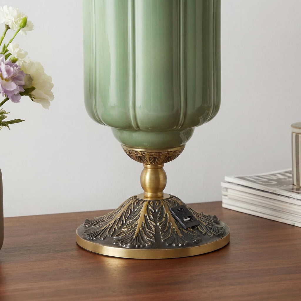 Milk Glass Touch Table Lamp, 3 Way Dimmable Green Lamp USB C+A Charging Ports, Modern Large Beside Lamps for Bedroom, Living Room, Desk LED Bulb Inculded