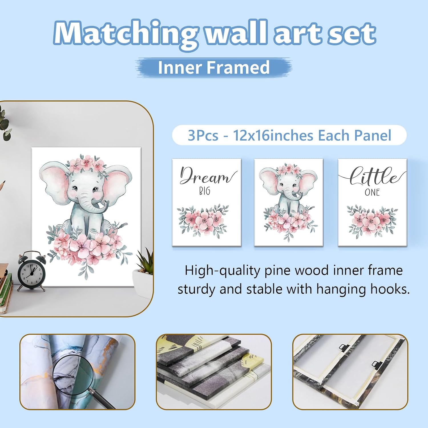 KAINSY Personalized Nursery Bedding Set, 5 Pcs Custom Crib Sets, Soft Baby Girl Set with Name, Double Layer Elephant Infant Bedding Set Customized Gifts for Toddlers