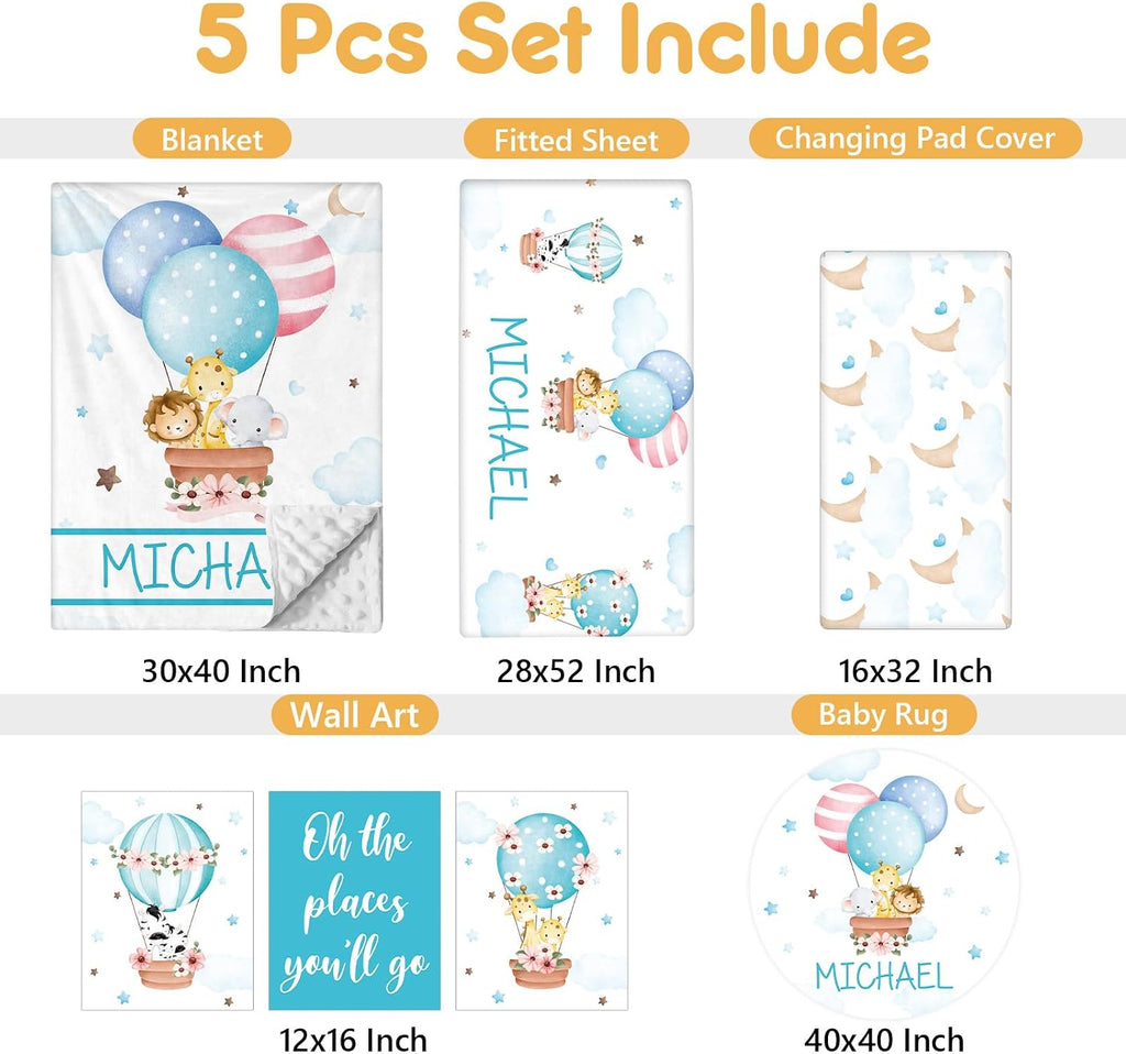 Terwex Personalized Baby Bedding Set, 5 Pcs Custom Toddlers Bedding Set with Infant Name, Double Layer Nursery Crib Set for Boys Girls, Customized Gifts for Infants Baby Shower, Hot Air Balloon Animal