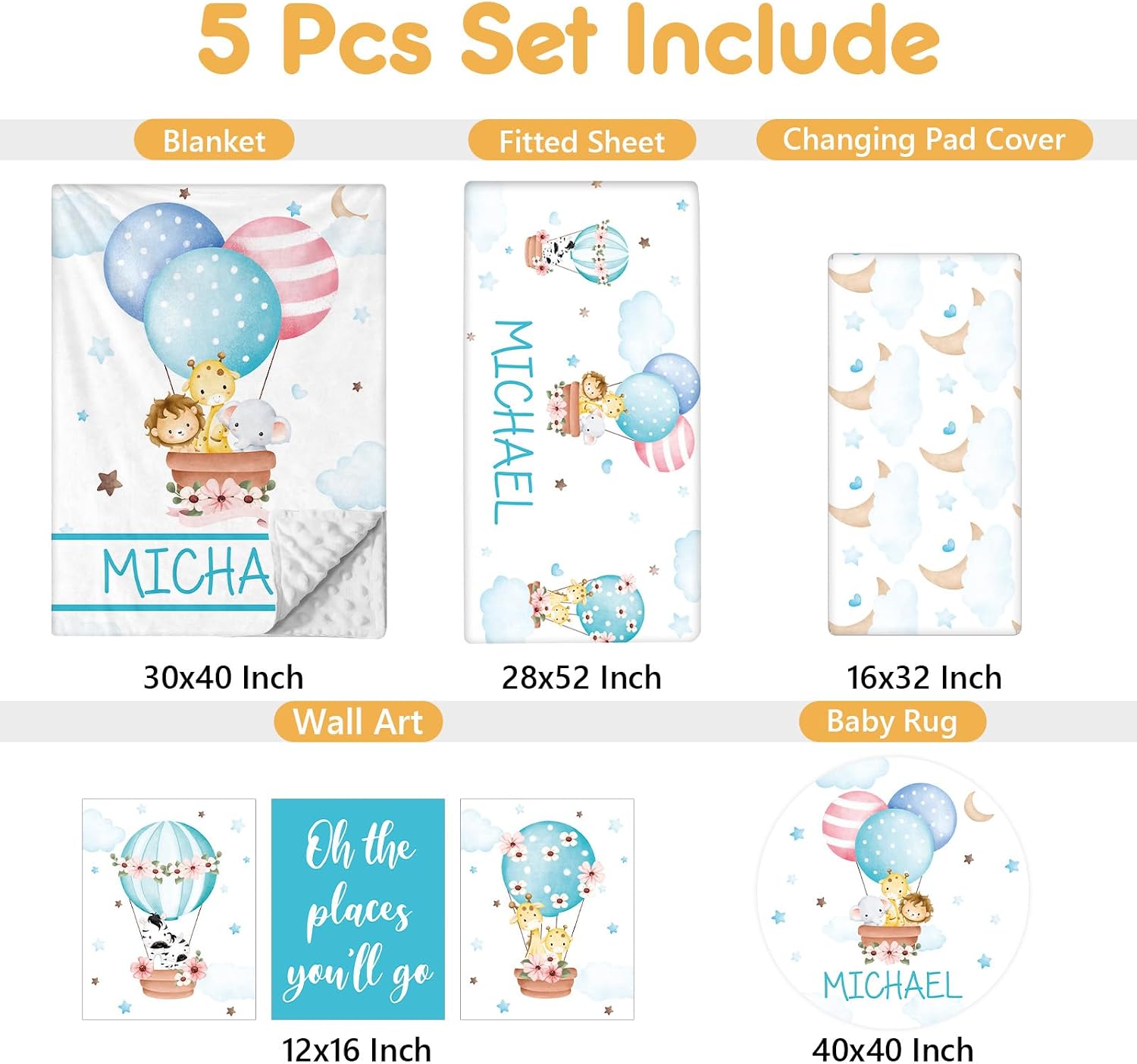 Terwex Personalized Baby Bedding Set, 5 Pcs Custom Toddlers Bedding Set with Infant Name, Double Layer Nursery Crib Set for Boys Girls, Customized Gifts for Infants Baby Shower, Hot Air Balloon Animal