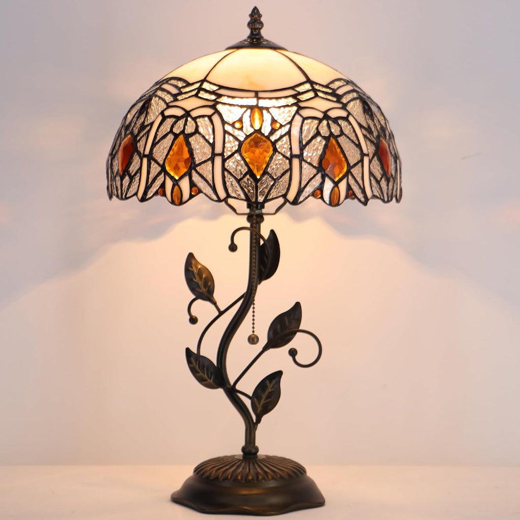 Tiffany Table Lamp Stained Glass Desk Lamp Metal Leaf Base Reading Light 12X19 Inch (Crystal Style)
