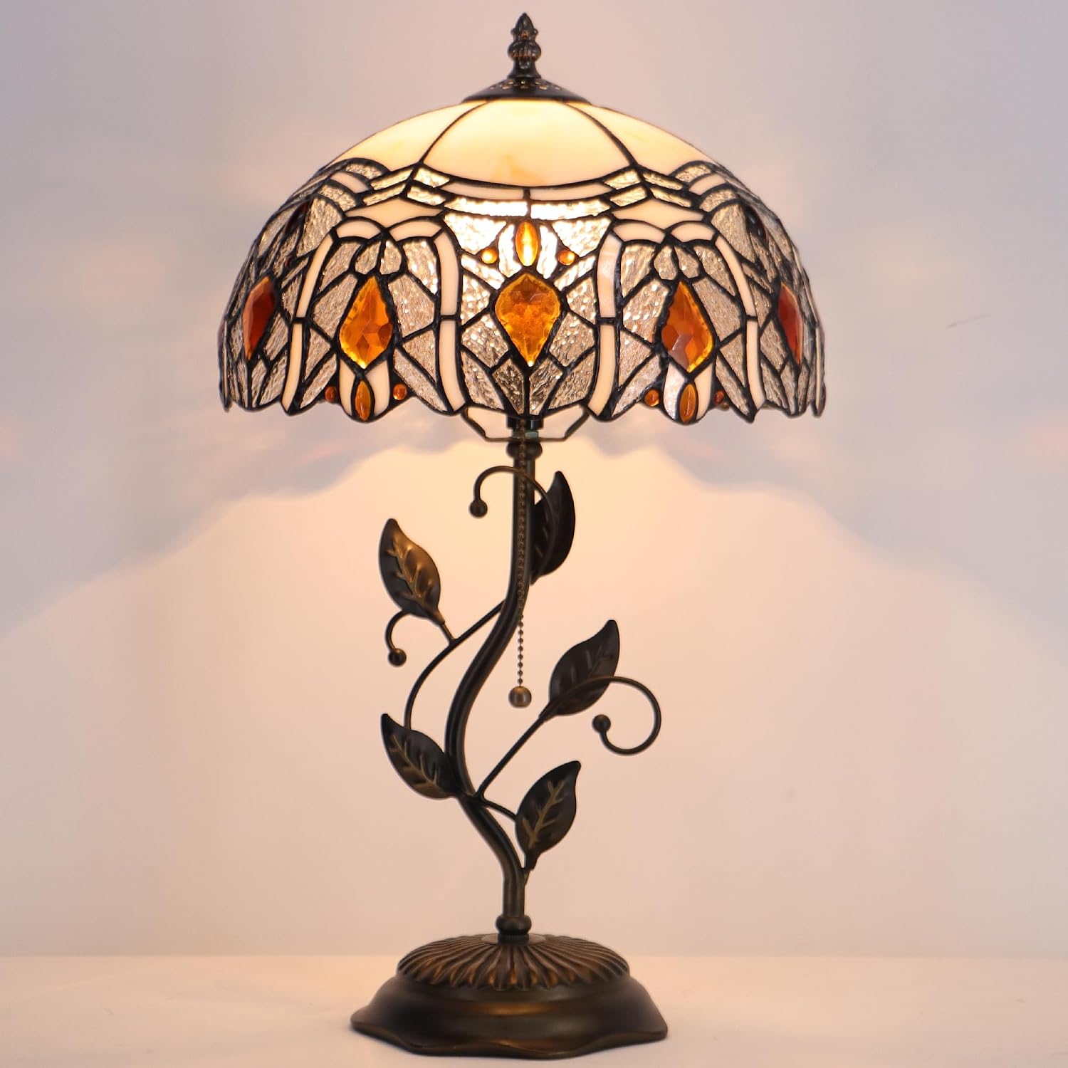 Tiffany Table Lamp Stained Glass Desk Lamp Metal Leaf Base Reading Light 12X19 Inch (Crystal Style)