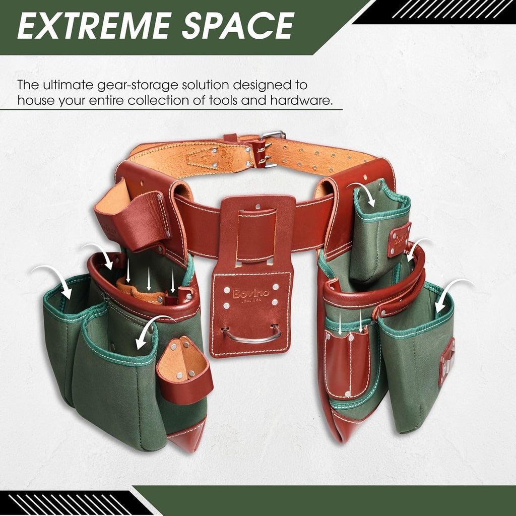 Nylon and Leather Tool Belt | 21-Pockets, Heavy-Duty Framers Belt | Tool Pouches & Hammer Holder | Full-Grain Leather | Work Belt for Carpenters | Roofers | Drywall | Electricians