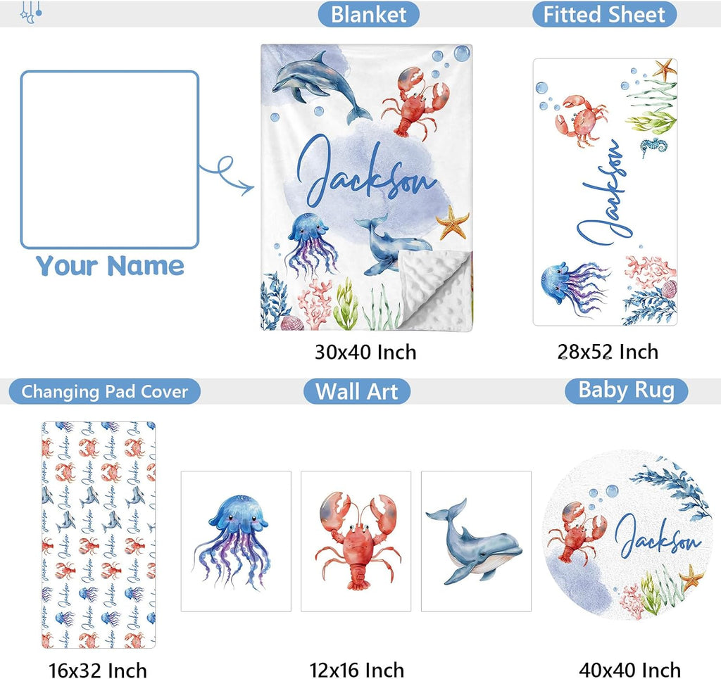 KAINSY Custom Crib Bedding Set 5 Pcs for Girls Boys – Personalized Blue Ocean Animals Theme, Newborn Sleep Set, Nursery Decor, Toddler Room Essentials, Infant Sleep, Baby Room Accessories, Baby Gift