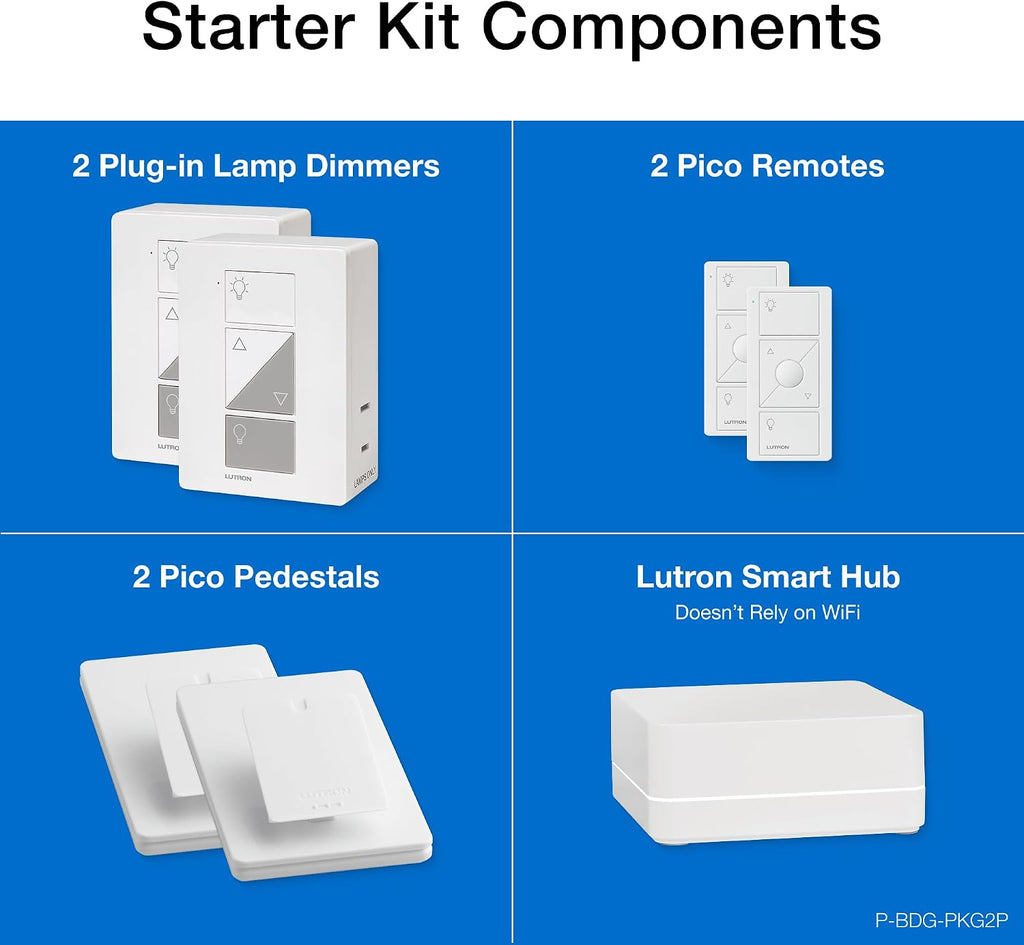 Lutron Caseta Smart Plug Start Kit for Lamps, 2 Plug-in Lamp Dimmer Switches with Smart Bridge and 2 Pico Remote, Compatible with Alexa, Apple HomeKit, and The Google Assistant, P-BDG-PKG2P, White