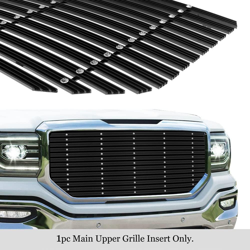 APS Premium Aluminum Black Rivet Studs Wide Billet Grille Grill Insert Compatible with GMC Sierra 1500 2016 2017 2018 Main Upper N19-U26368G