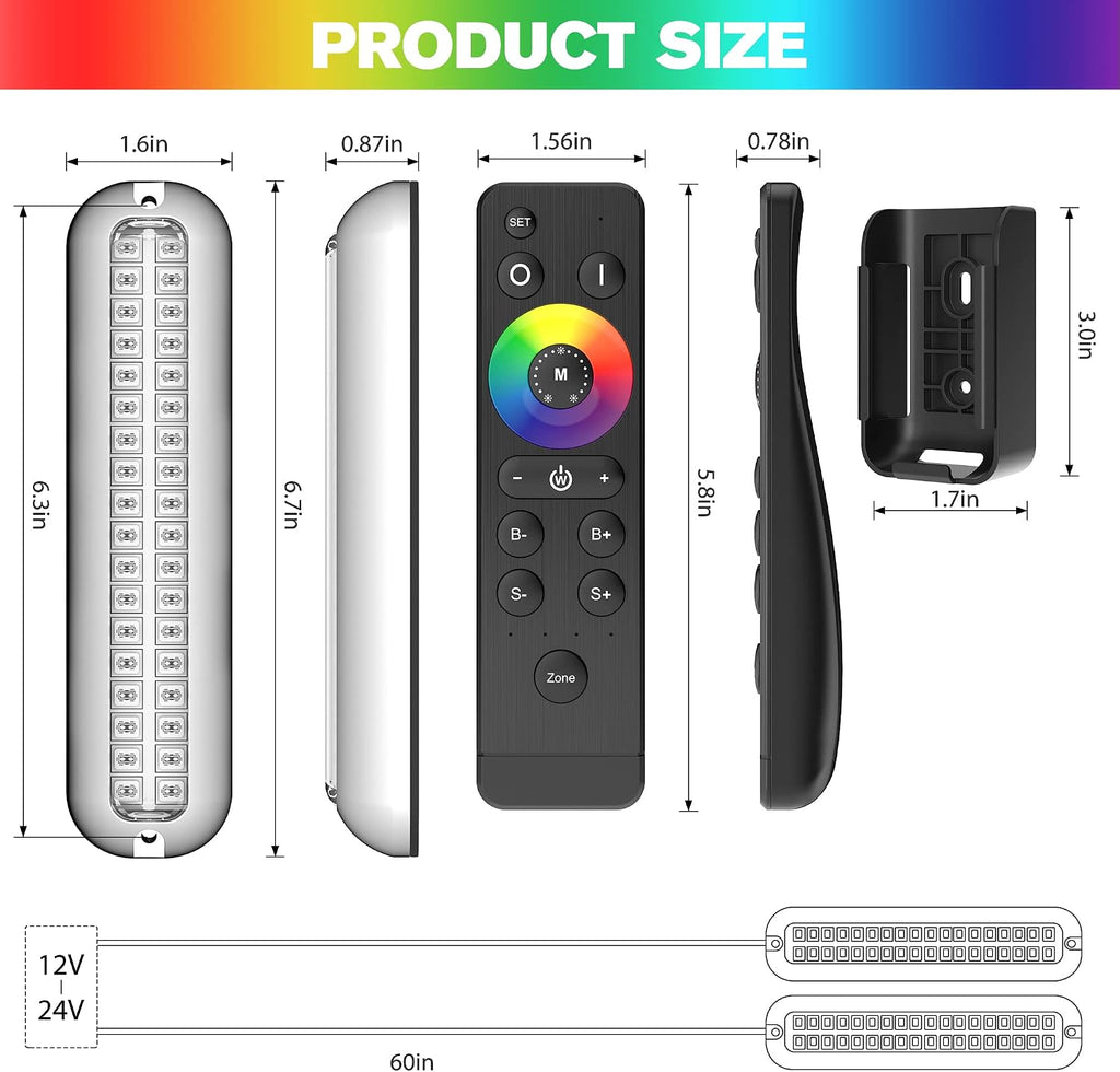 HUSUKU GT1 Underwater Boat LED Lights Marine Color Light Kit, 6.7' 2000LM RGB IP68 36LED 12V~24V 316 316 Stainless, Wireless Grouping & Control Auto Sync, Multi Color Light for Yacht Boat Deck Pontoon