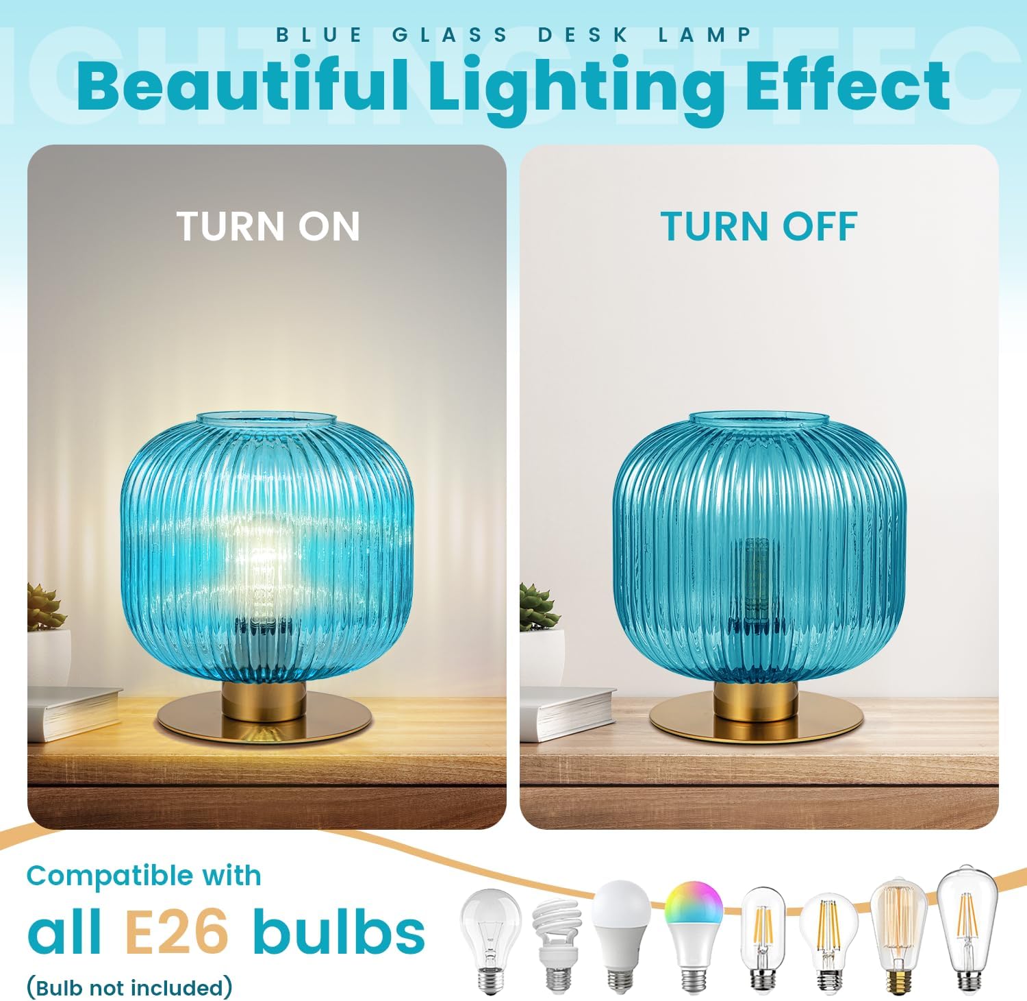 Blue Table Lamps for Bedroom Set of 2, Small Glass Table Lamp Plug in with On/Off Switch, Mid Century Modern Globe Bedside Lamp Coastal Lamps for Bedrooms Living Room Study Room
