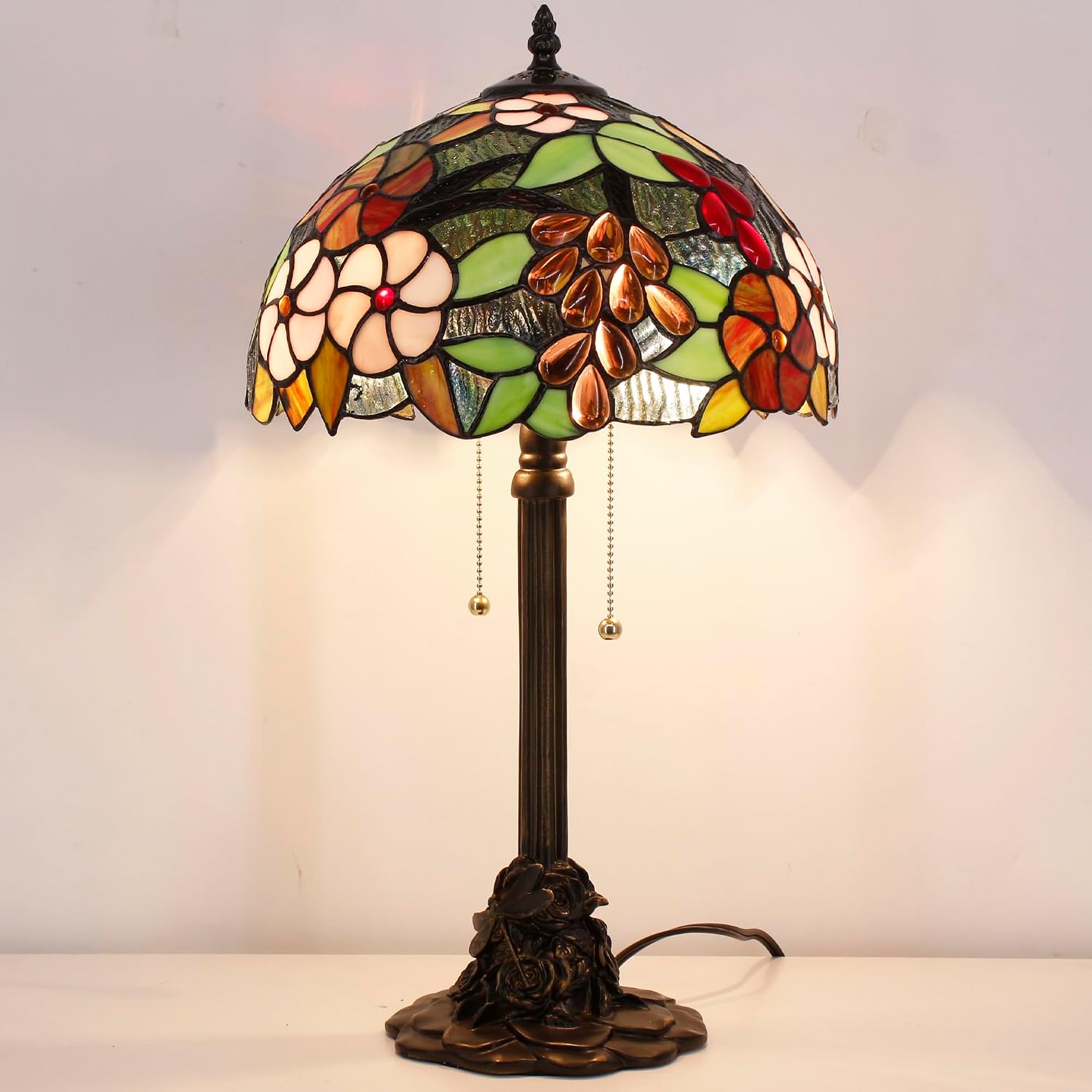 Tiffany Table Lamp Stained Glass Desk Lamp 12X12X21Inch Resin Base for Bedroom Living Room Reading Light (Green Purple Grape)