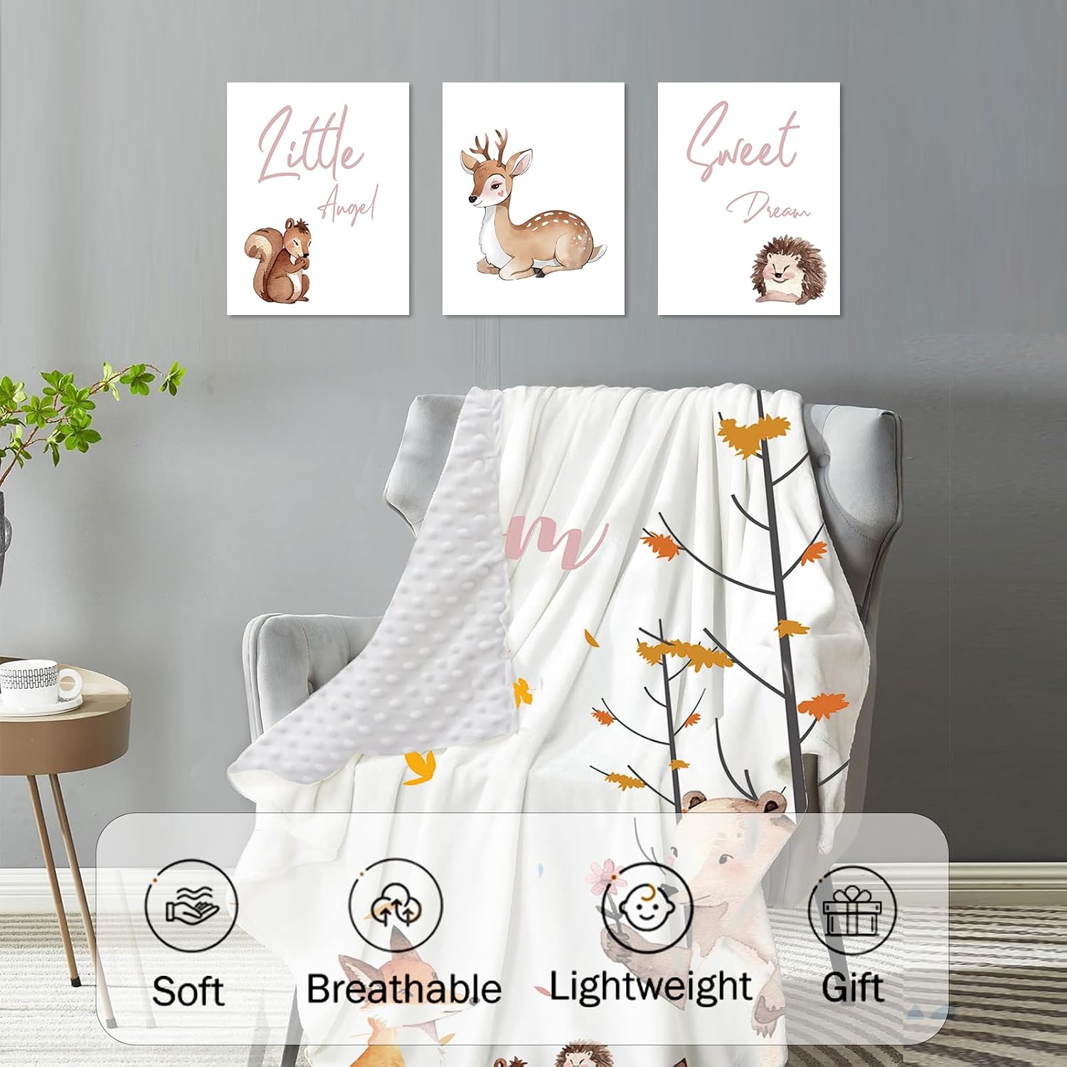 Personalized Baby Crib Bedding Set for Baby Girls, Fox Sika Deer Pattern Custom Name Baby Crib Sets 5-Pcs, Toddler Double Layer Blanket Fitted Sheets Changing Pad Cover Rug Wall Art Set