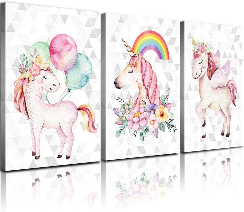 Unicorn Wall Decor Framed Canvas Art Prints Sweet Pink Horse Flower Balloon Rainbow Pictures Posters Modern Artwork Paintings Home Wall Decoration Girls Room Kids Bedroom Gift Set of 3 Panels 20x28