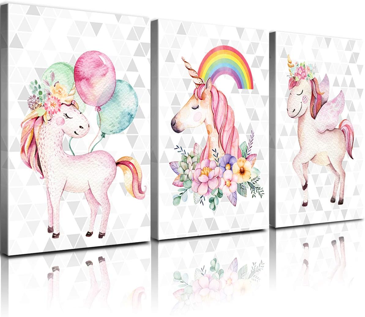 Unicorn Wall Decor Framed Canvas Art Prints Sweet Pink Horse Flower Balloon Rainbow Pictures Posters Modern Artwork Paintings Home Wall Decoration Girls Room Kids Bedroom Gift Set of 3 Panels 20x28
