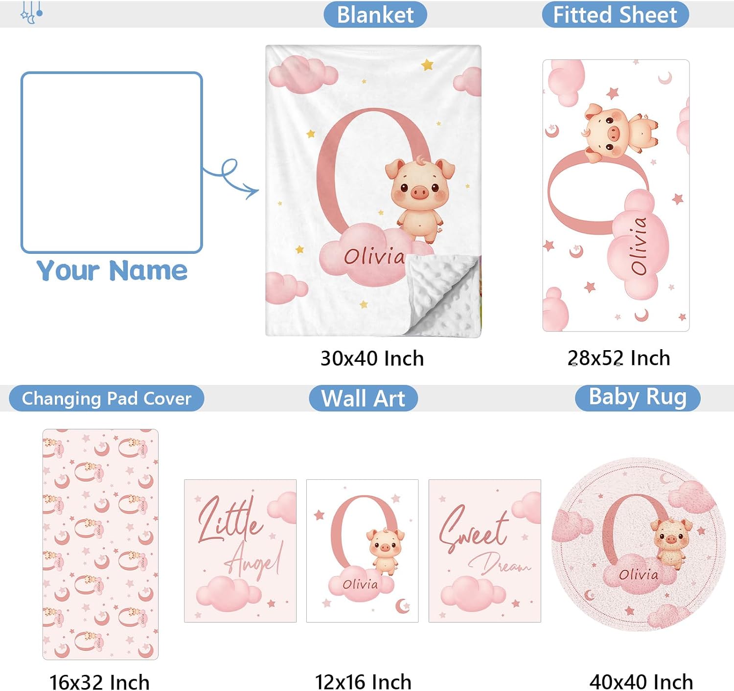 KAINSY Custom Crib Bedding Set, 5 Pcs Personalized Name Monogram Baby Crib Sets for Infants Toddlers, Pink Pig Nursery Bedding Set for Boys Girls, Double Layer Baby Bedding Sets Customized Gifts