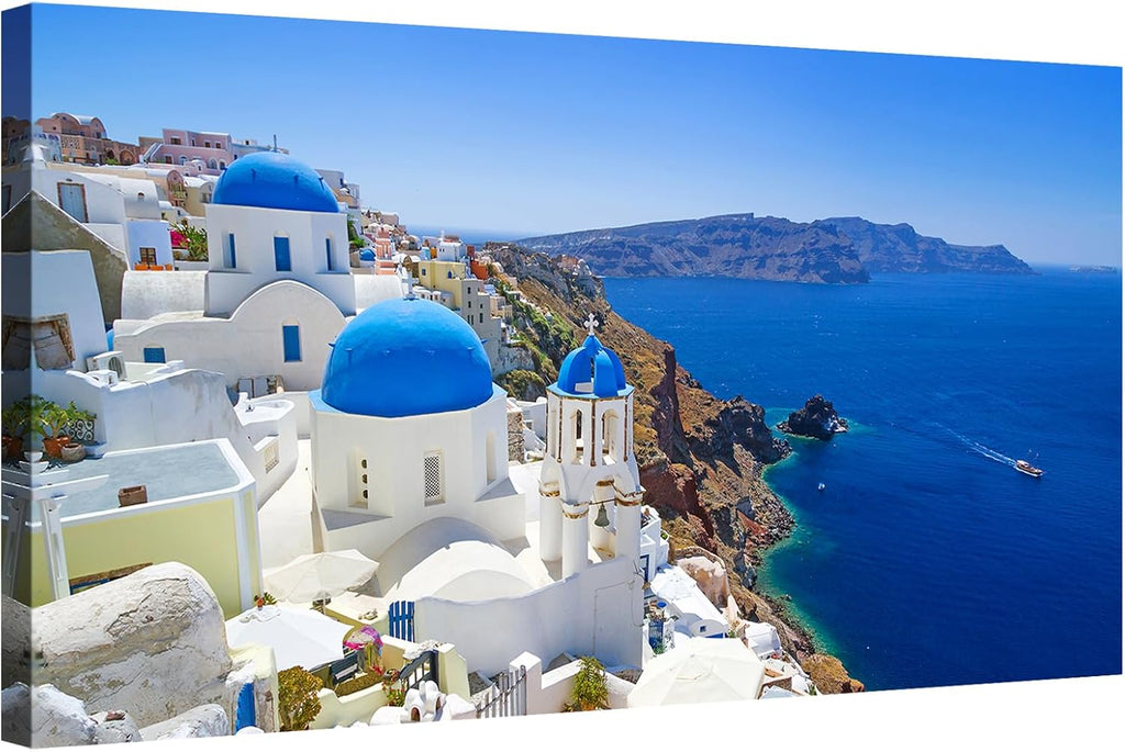 OKEXCKK Large Canvas Print Wall Art Santorini in Greece Painting Wall Decor, Blue Coastal Landscape Coastal Artwork Seascape Pictures for Living Room, Bedroom, Office Decoration - 29'x58'