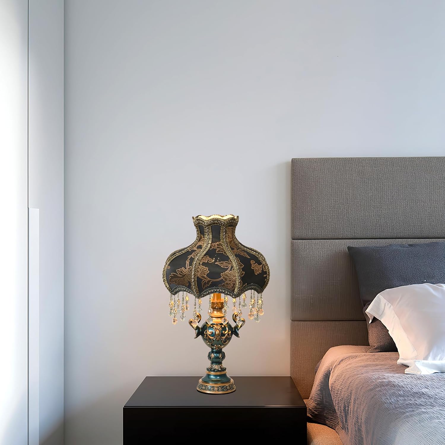Victorian Style Table Lamp, Antique Flower Decorative Bedside Desk Lamp, Blue Fabric Night Light Elegant Bedside Nightstand Lamps for Bedroom Living Room