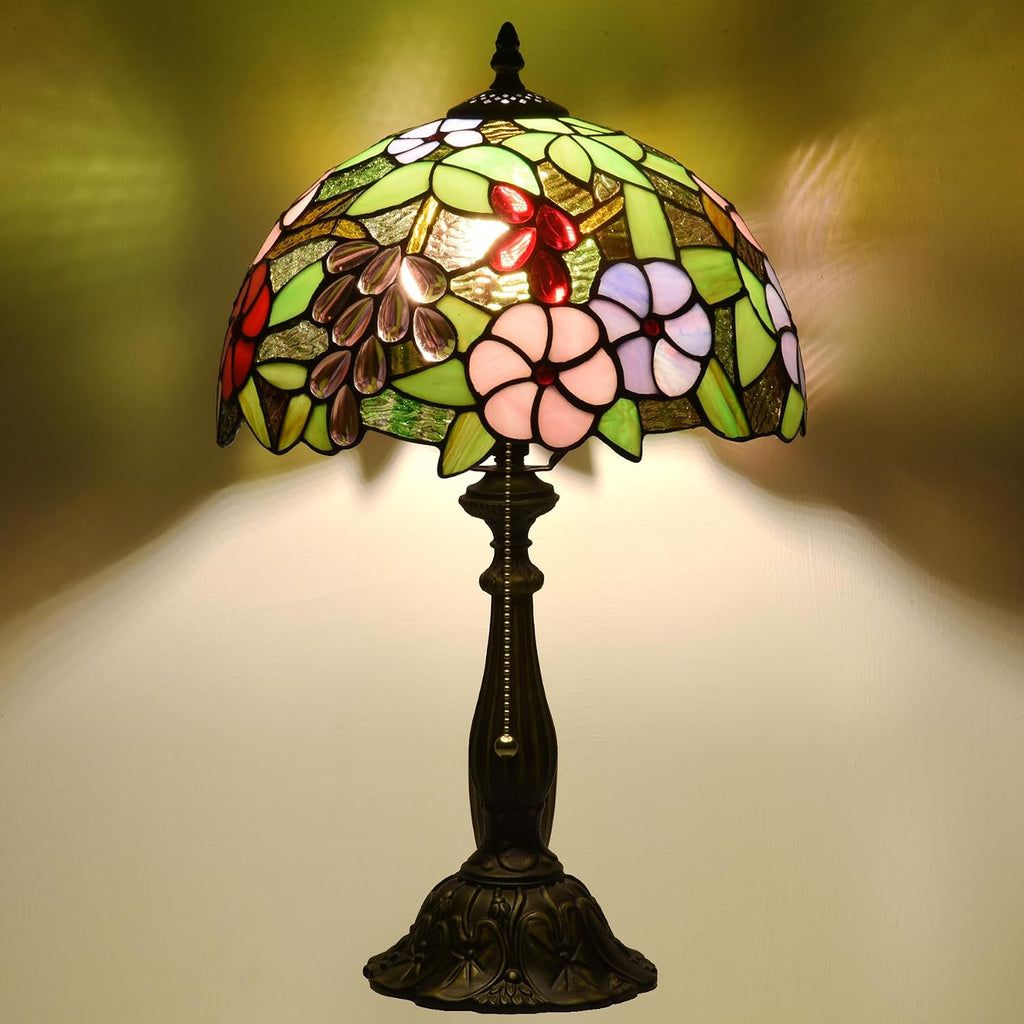 Tiffany Style Green Stained Glass Table Lamp, Purple Grape Colorful Blossom Desk Light with Antique Bronze Resin Base, Decorative Lighting for Bedroom, Living Room, Office 12X12X19 Inch