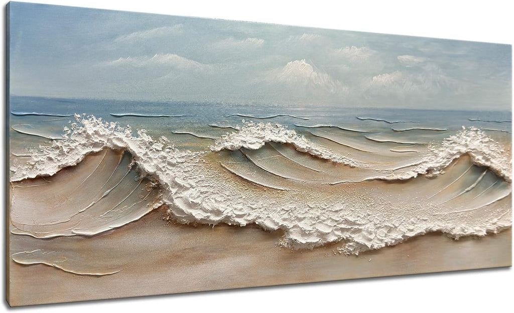 zoinart Blue Ocean Wave Oil Painting on Canvas Impasto Textured Painting Serene Canvas Wall Art Living Room Wall Decor Contemporary Art 24' x 48'