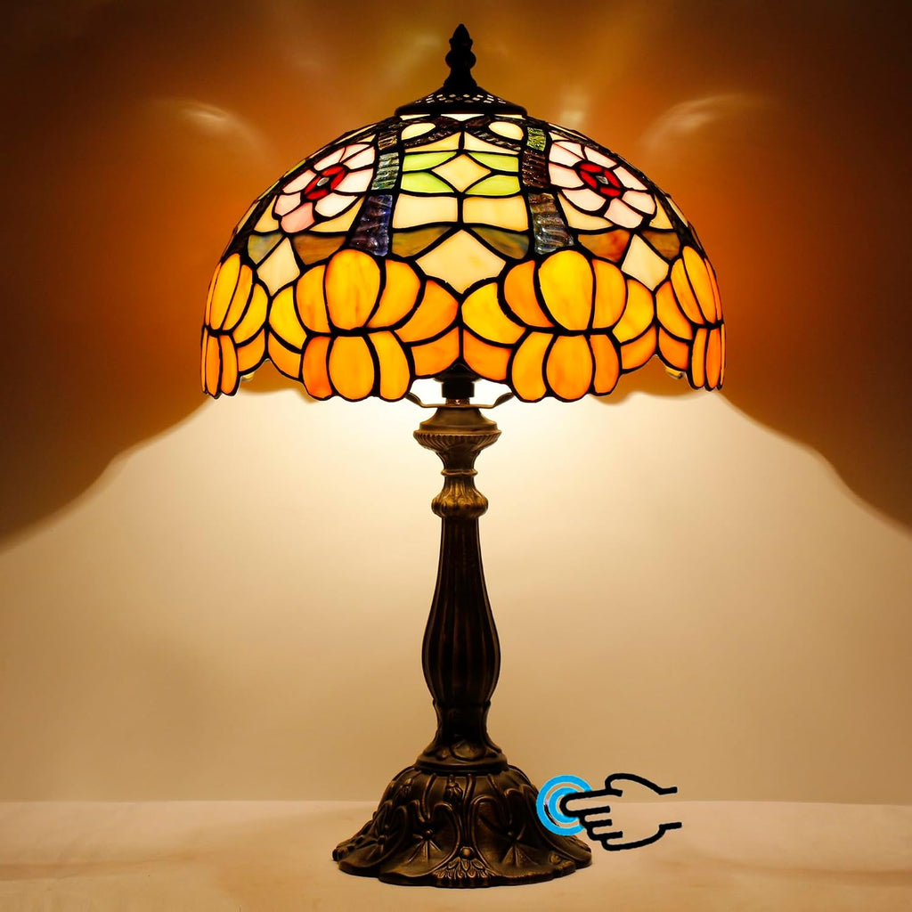 Tiffany Lamp Touch Control Table Lamp Orange Flower Style Stained Glass 12×12×19 Inches Desk Reading Light Bedroom Office