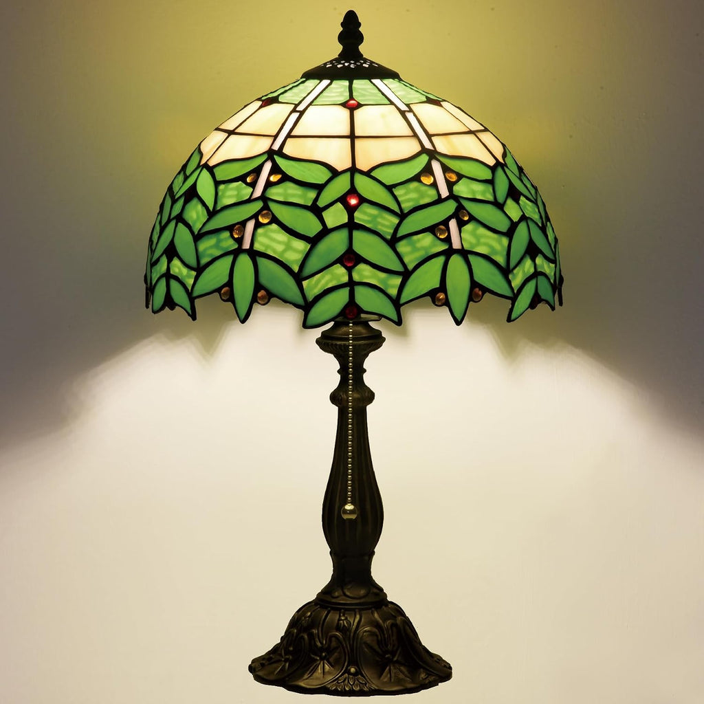 Tiffany Style Stained Glass Table Lamp 12-inch Dia Natural Green Leaf Design Lampshade Nightstand Light for Bedroom Dining Dorm Living Hallway Cottage Office Cafe Ceremony Housewarming Gift
