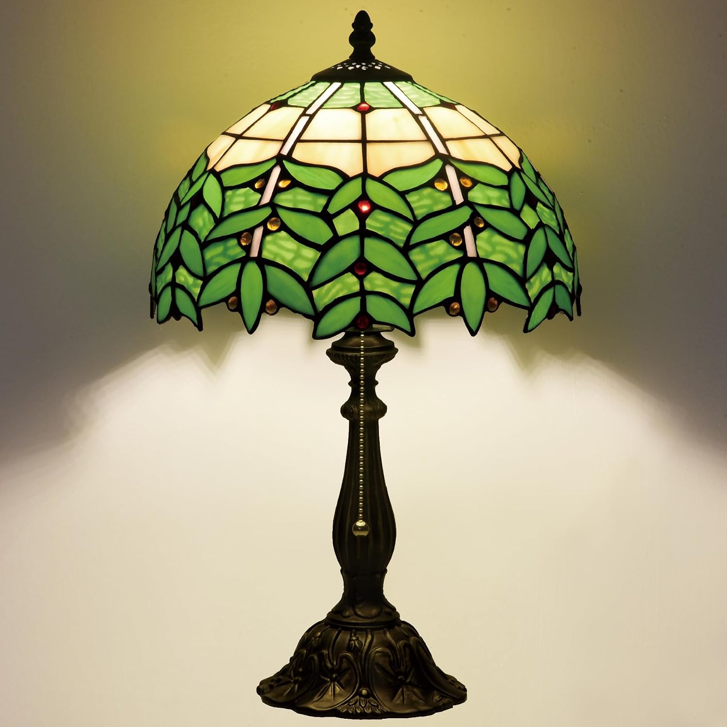 Tiffany Style Stained Glass Table Lamp 12-inch Dia Natural Green Leaf Design Lampshade Nightstand Light for Bedroom Dining Dorm Living Hallway Cottage Office Cafe Ceremony Housewarming Gift