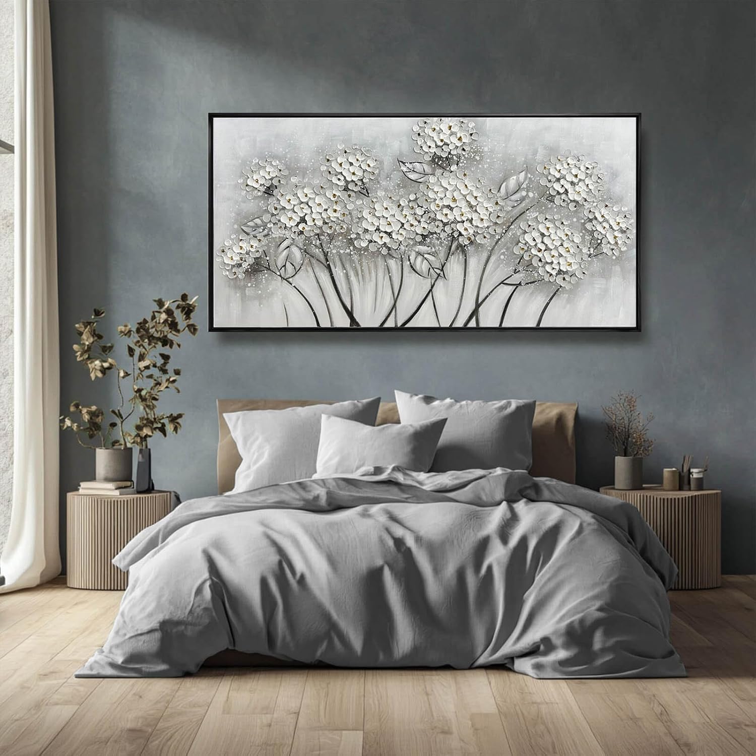 Kureful Large Artwork Flowers Oil Painting Modern Home Decorations Floral Canvas Pictures for Living Room Bedroom Kitchen Office 29' x 58' (White)