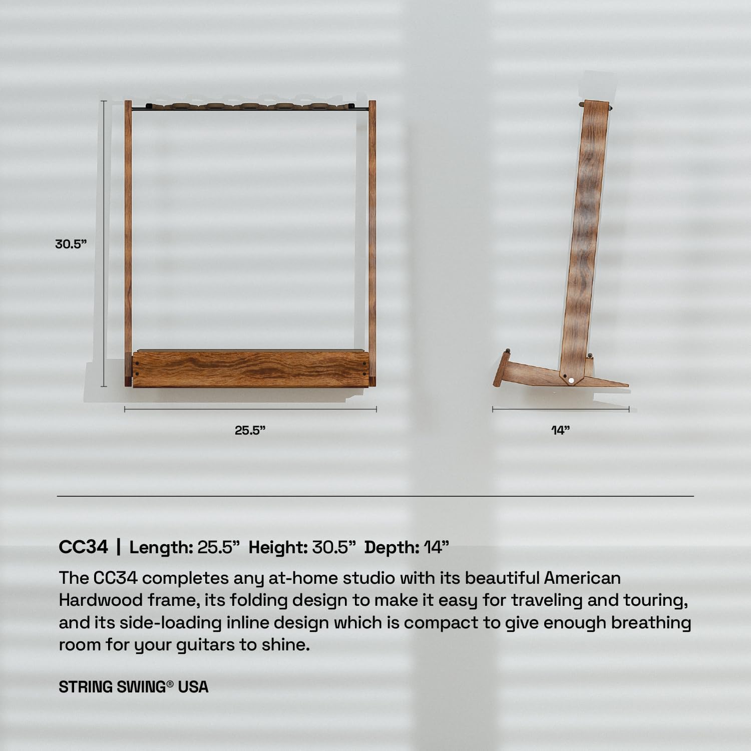String Swing Guitar Stand, Multi Guitar Rack for Acoustic, Electric, Bass Guitars, Hand Welded Steel & Black Walnut Hardwood, Padded Guitar Holders, Guitar Stands Floor - USA Made