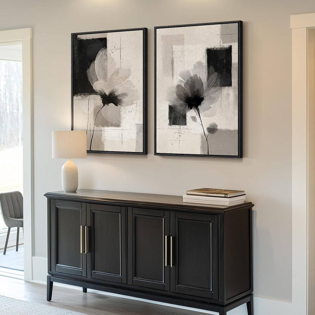 Large Framed Neutral Abstract Floral Wall Art, Set of 2 Black and Beige Modern Canvas Prints Paintings Artwork for Walls, Minimalist Pictures for Living Room, Dining Room, Bedroom Wall Decor 24x36 In