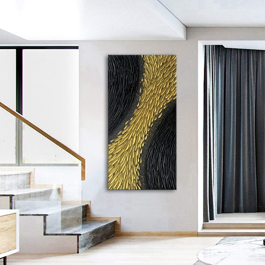 Slyart Black and Gold Wall Art, Large Gold Texture Abstract Art, Contemporary Art Oil Painting, 24'x48' Modern Home Decor for Living Room Bedroom