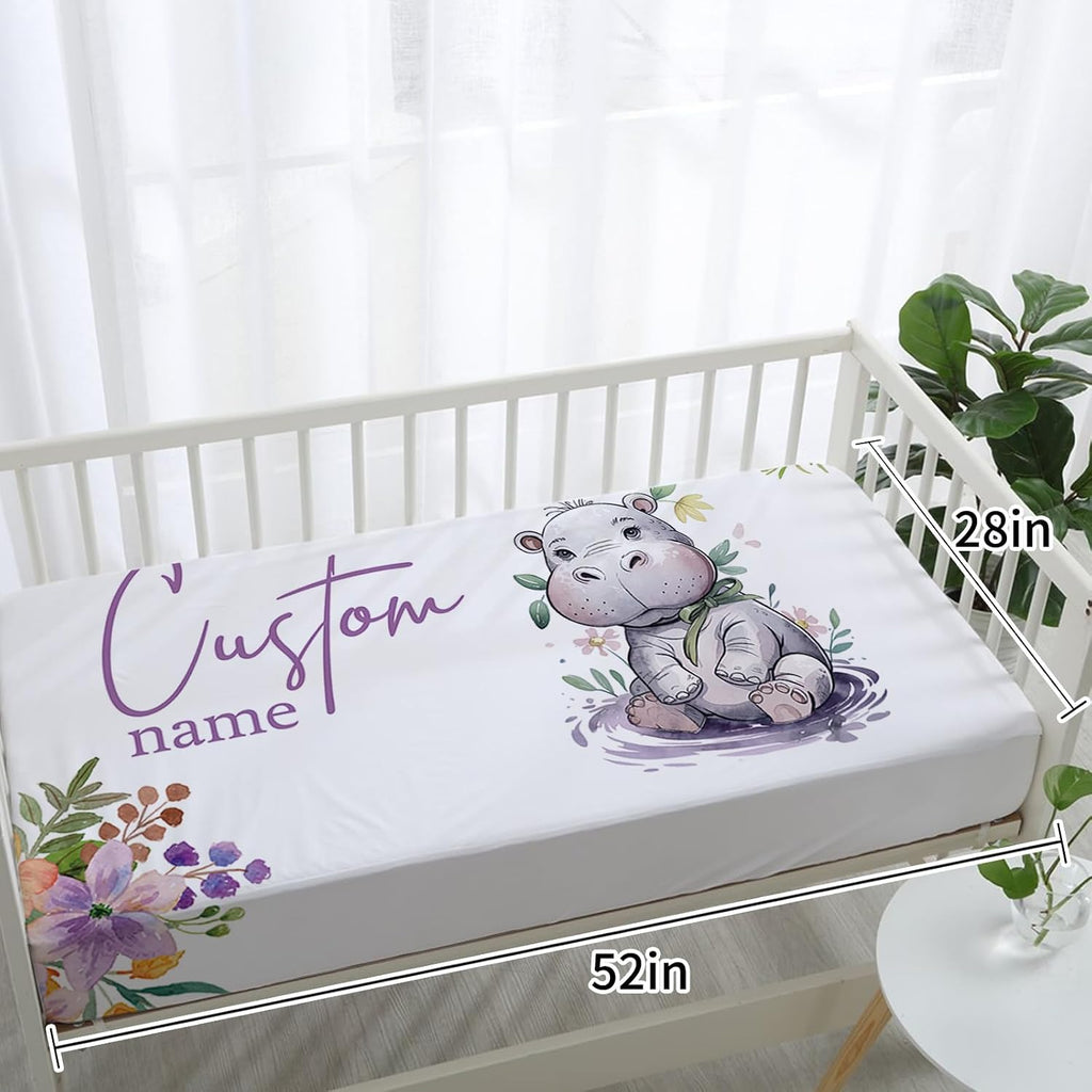 Personalized Crib Bedding Set for Baby Girls, Purple Hippo Pattern Custom Name Baby Crib Sets 5-Pcs, Double Layer Baby Blanket Fitted Sheet Changing Pad Cover Rug Wall Art Set