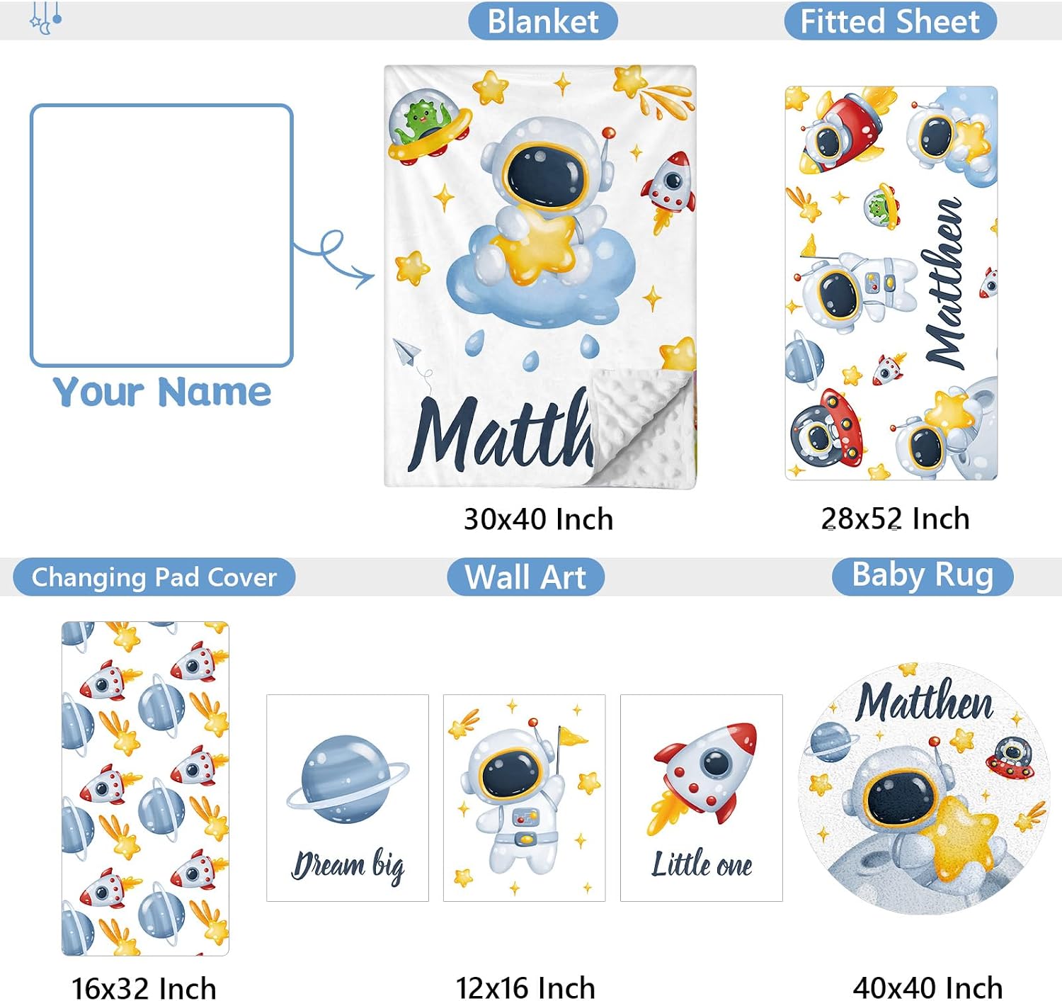 KAINSY Custom Crib Bedding Set 5 Piece for Girls Boys – Personalized Astronaut Theme, Newborn Sleep Set, Nursery Decor, Toddler Room Essentials, Infant Sleep, Baby Room Accessories, Baby Gift