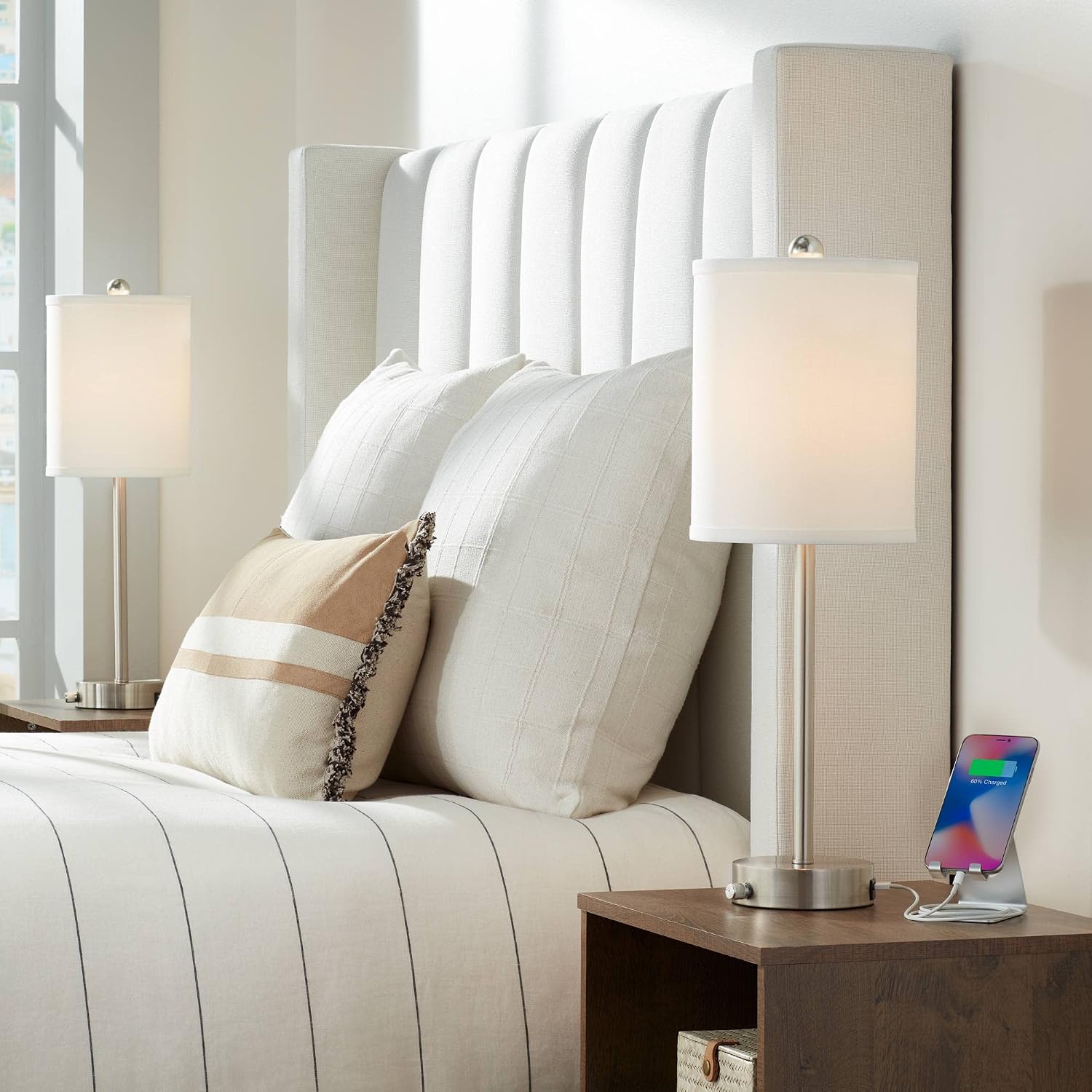 360 Lighting Trotter 23.75' High Set of 2 Modern Table Lamps with Dimmable USB Charging Ports A+C and AC Power Outlet Brushed Nickel White Fabric Cylinder Living Room Desk Bedroom House Bedside Home